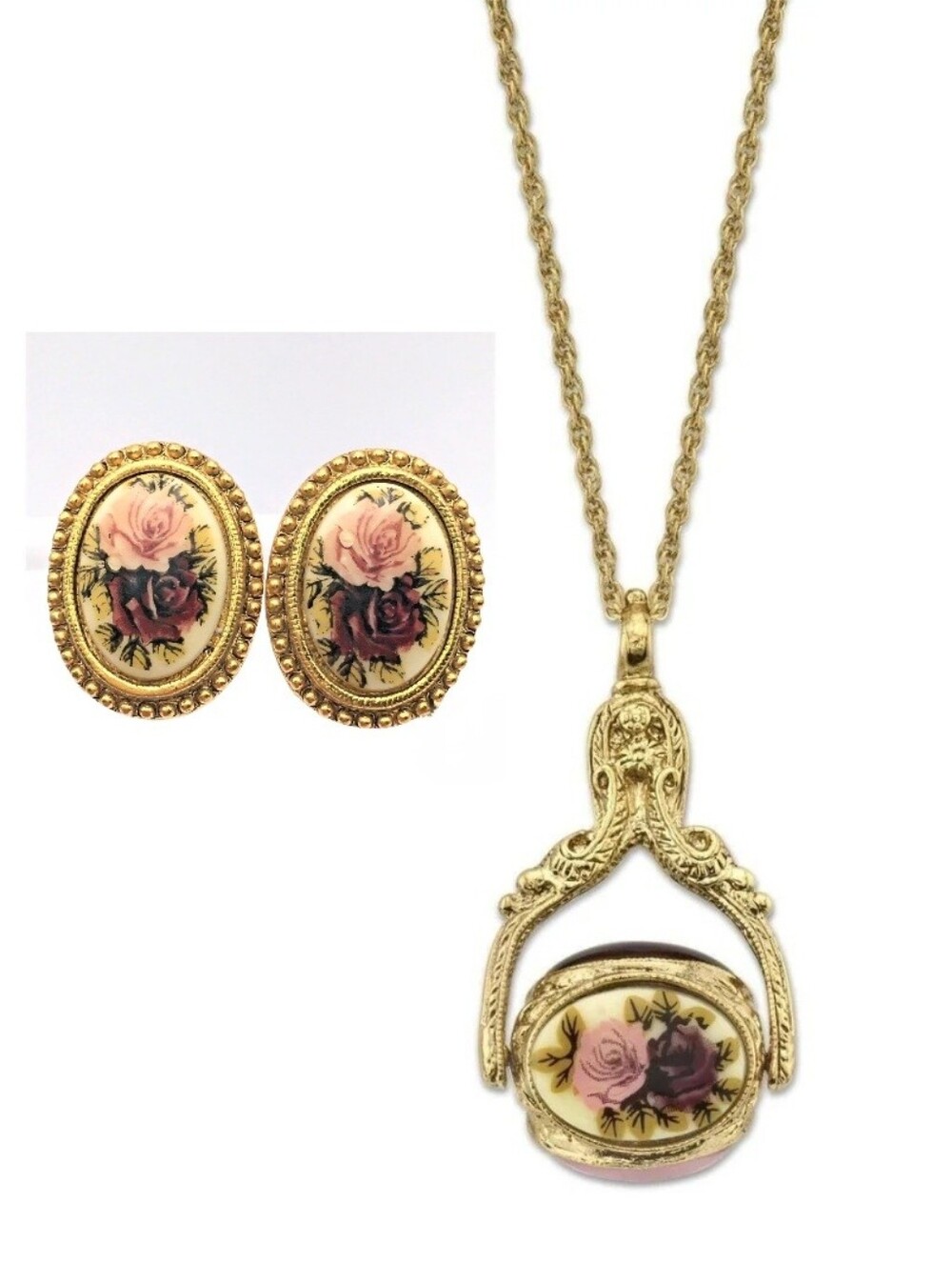 1928 Jewelry Manor House 3 Sided Spinner Pendant Necklace & Clip-On Earrings